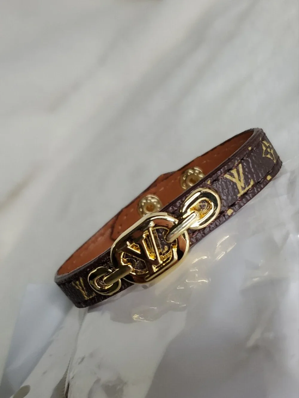 Lv  Brown Monogram Bracelet with Gold LV Emblem